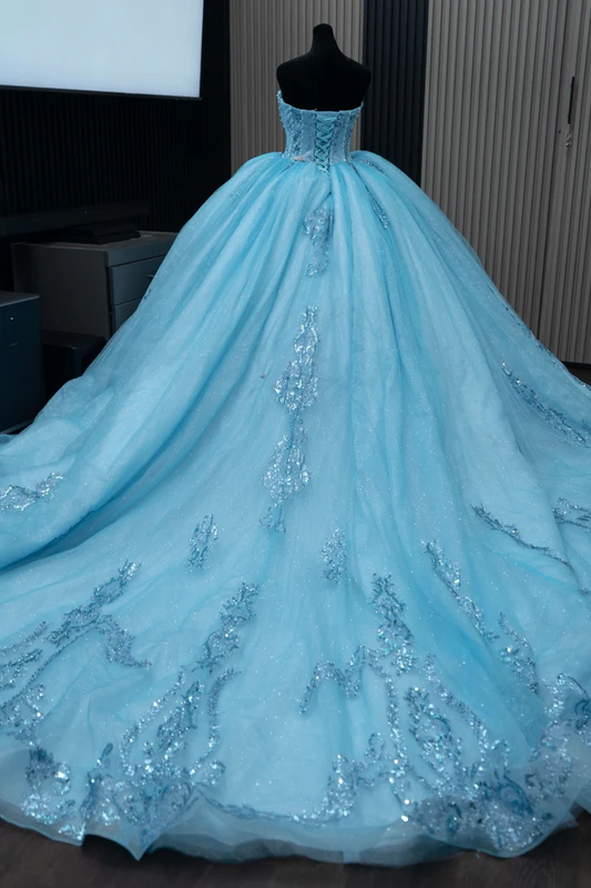 Strapless Sleeveless Beaded Appliques Blue Tulle Sweet 15 Quinceañera Dress