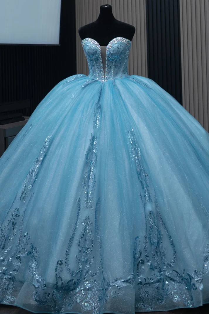 Strapless Sleeveless Beaded Appliques Blue Tulle Sweet 15 Quinceañera Dress