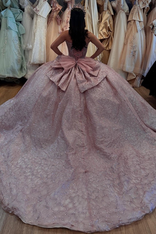 Strapless Sleeveless Beaded Bow Knot Pink Sweet 15 Quinceañera Dress