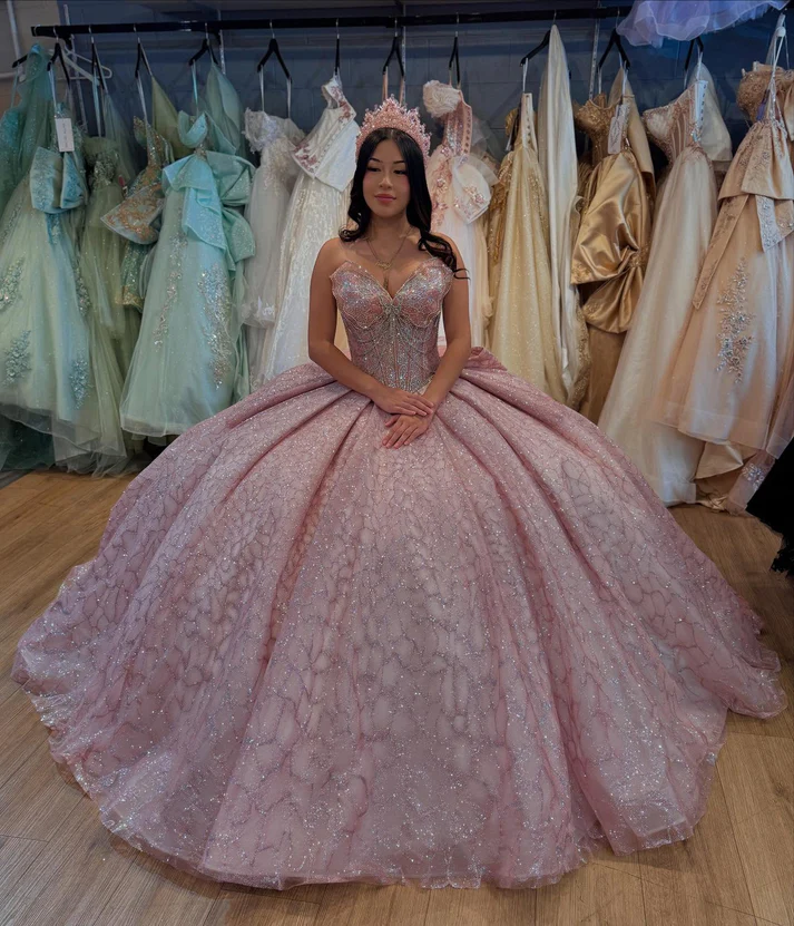 Strapless Sleeveless Beaded Bow Knot Pink Sweet 15 Quinceañera Dress