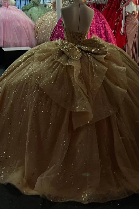 Strapless Sleeveless Beaded Ruffles Bow Knot Gold Sweet 15 Quinceañera Dress