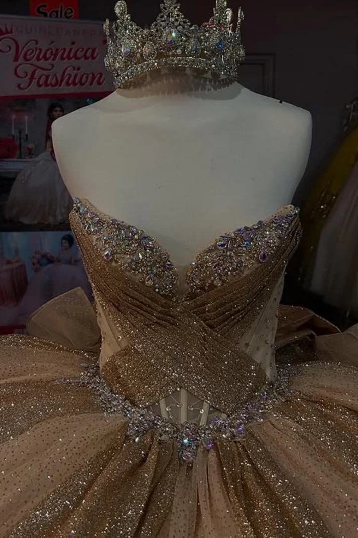 Strapless Sleeveless Beaded Ruffles Bow Knot Gold Sweet 15 Quinceañera Dress