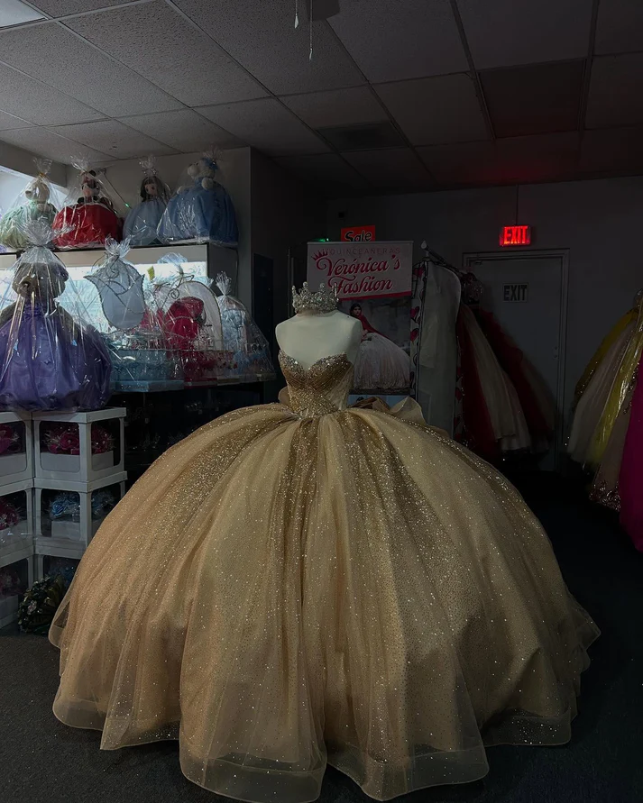 Strapless Sleeveless Beaded Ruffles Bow Knot Gold Sweet 15 Quinceañera Dress