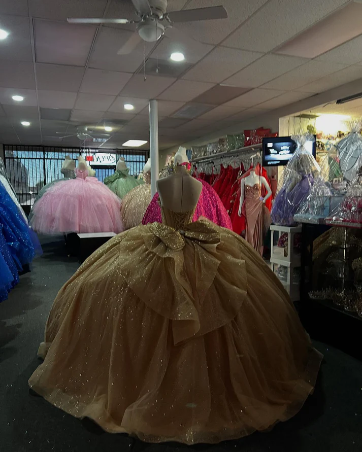 Strapless Sleeveless Beaded Ruffles Bow Knot Gold Sweet 15 Quinceañera Dress