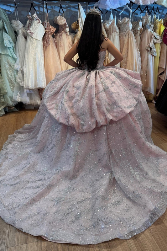 Strapless Sleeveless Beaded Tiered Glitter Pink Tulle Sweet 15 Quinceañera Dress