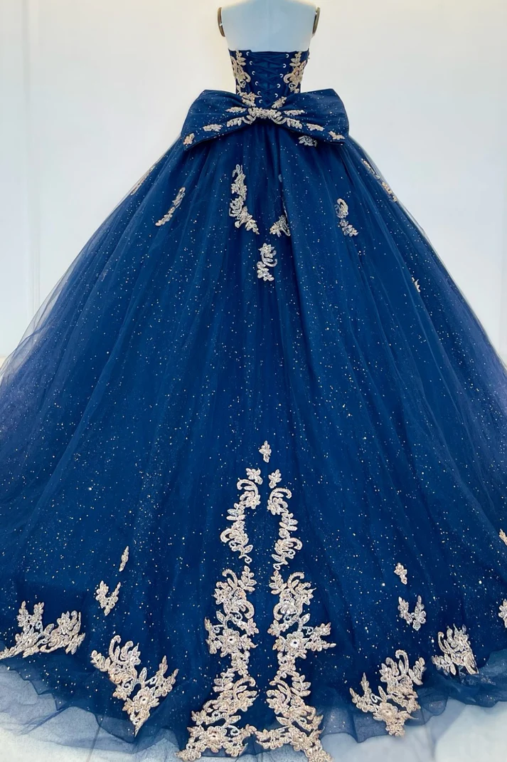 Strapless Sleeveless Navy Sweet 15 Quinceañera Dress with Beaded Gold Appliques Bow Knot