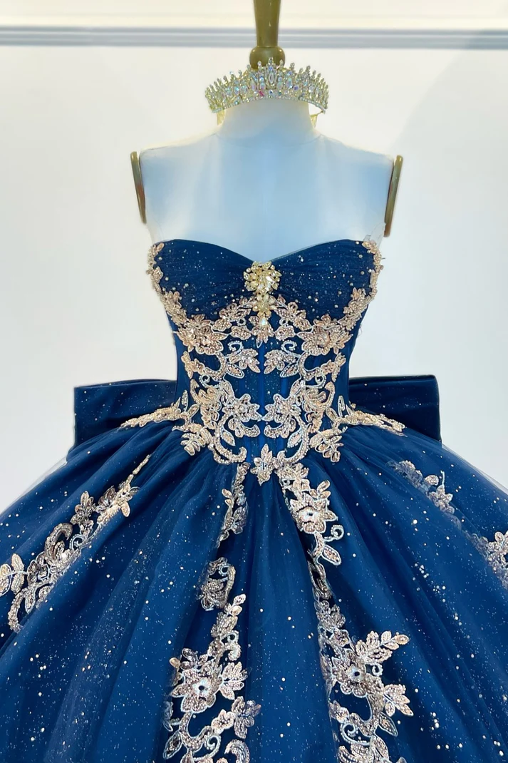 Strapless Sleeveless Navy Sweet 15 Quinceañera Dress with Beaded Gold Appliques Bow Knot