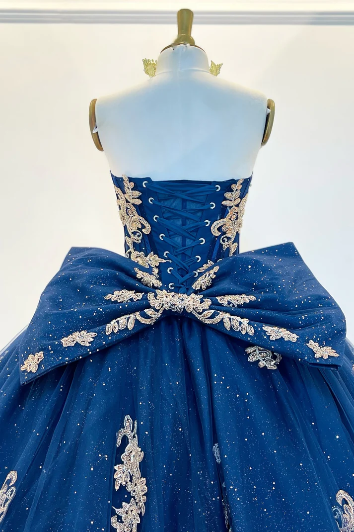Strapless Sleeveless Navy Sweet 15 Quinceañera Dress with Beaded Gold Appliques Bow Knot