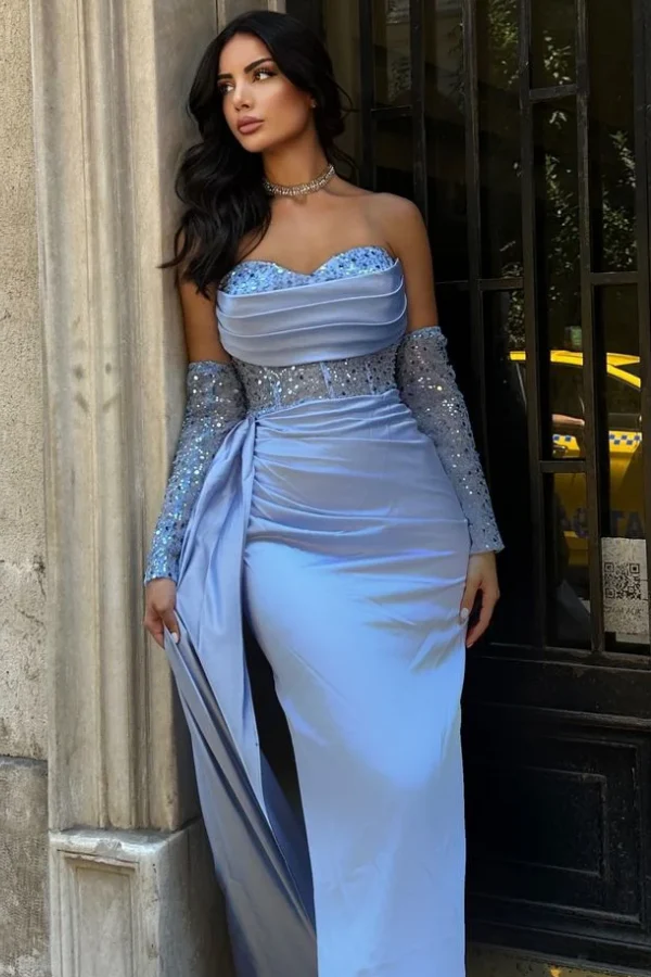Strapless Sleeves Sequins High Side Slit Prom Dress