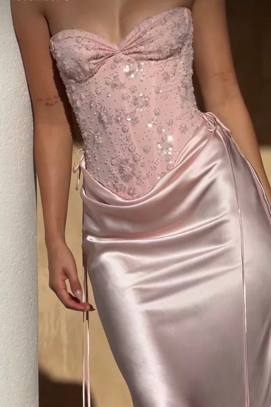 Strapless Sweetheart Pleats Sleeveless Satin Long Prom Party Dress