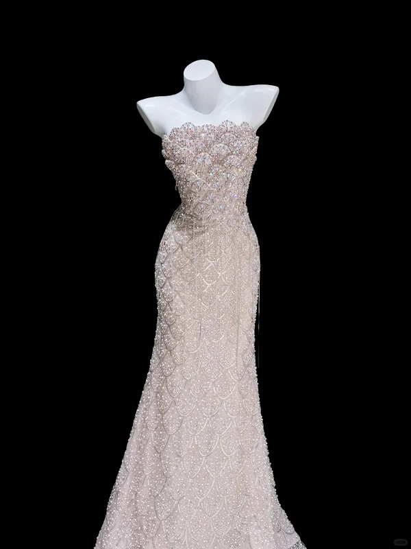 Stunning Light Pink Strapless Mermaid Layered Sequin Long Prom Dress