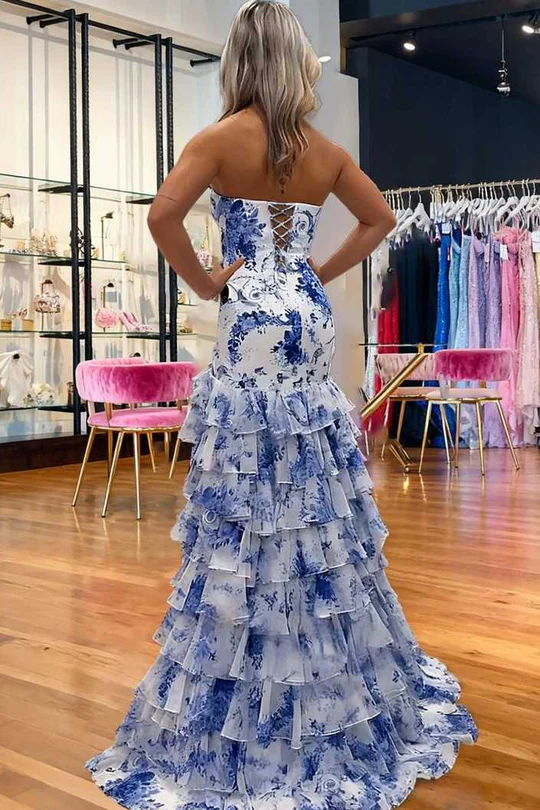 Stunning Strapless Print Ruffles Sleeveless Chiffon Long Prom Party Dress