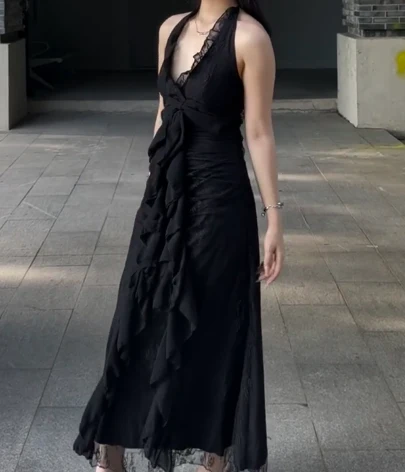 Sweet Black Halter A-Line Chiffon&Tulle Open Back Prom Dresses Birthday Dresses