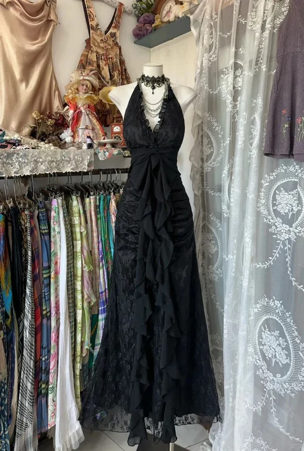 Sweet Black Halter A-Line Chiffon&Tulle Open Back Prom Dresses Birthday Dresses