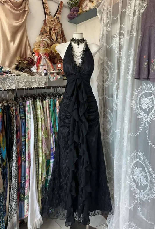 Sweet Black Halter A-Line Chiffon&Tulle Open Back Prom Dresses Birthday Dresses