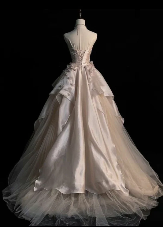 Sweet Pink A-line Tulle Satin Long Prom Dresses Strapless Applique Wedding Dresses