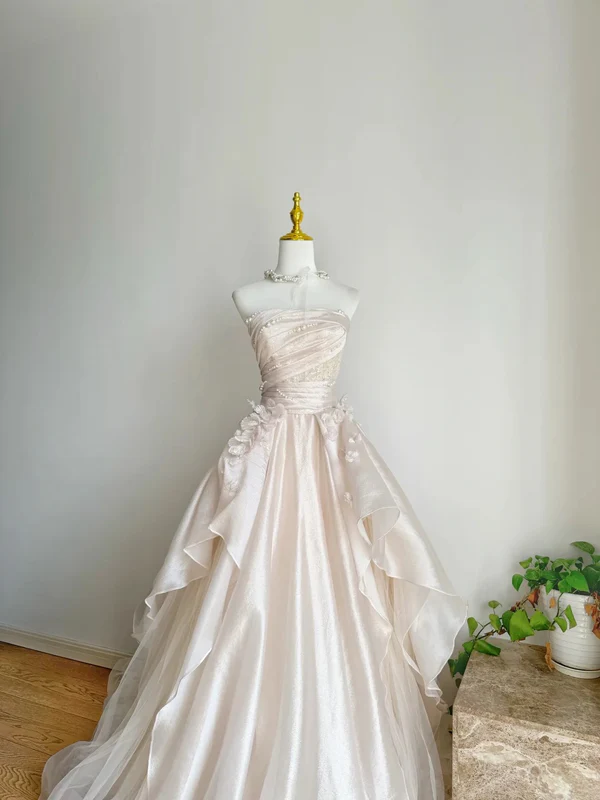 Sweet Pink A-line Tulle Satin Long Prom Dresses Strapless Applique Wedding Dresses