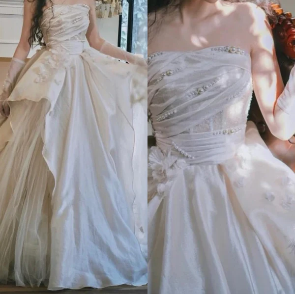 Sweet Pink A-line Tulle Satin Long Prom Dresses Strapless Applique Wedding Dresses