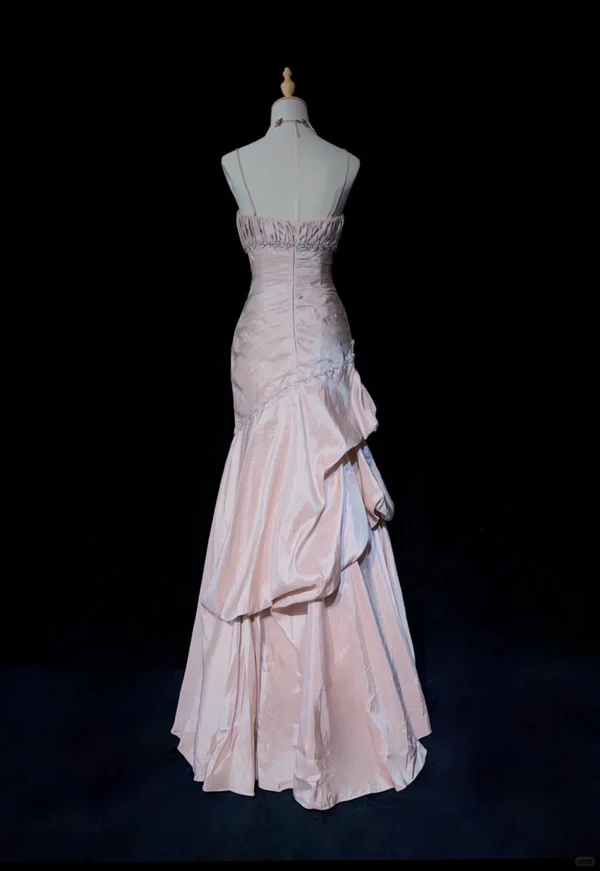 Sweet Spaghetti Straps Mermaid Evening Dress🩷 Pink Satin Layered Pleated Prom Dress with Beading