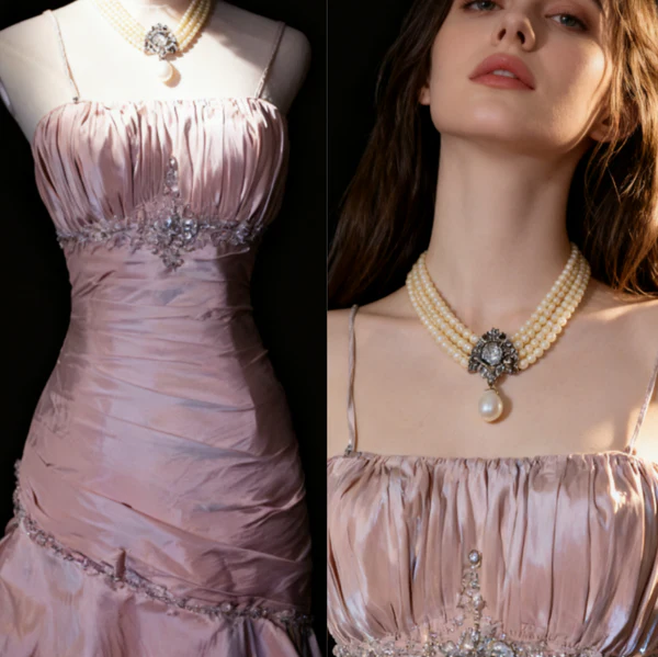 Sweet Spaghetti Straps Mermaid Evening Dress🩷 Pink Satin Layered Pleated Prom Dress with Beading