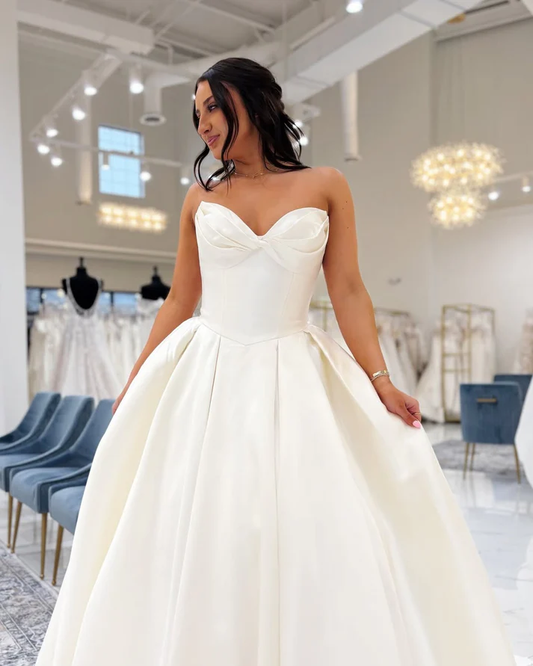 Sweetheart A Line Satin Beach Strapless Bridal Wedding Dresses for Women