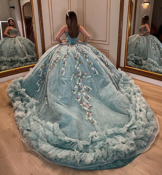 Sweetheart Ball Gown Tulle 3D Flowers Ruffles Princess Quinceanera Dresses