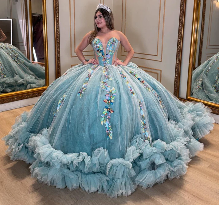 Sweetheart Ball Gown Tulle 3D Flowers Ruffles Princess Quinceanera Dresses