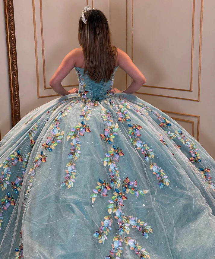Sweetheart Ball Gown Tulle 3D Flowers Ruffles Princess Quinceanera Dresses