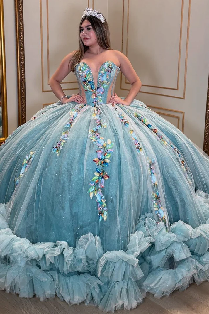 Sweetheart Ball Gown Tulle 3D Flowers Ruffles Princess Quinceanera Dresses