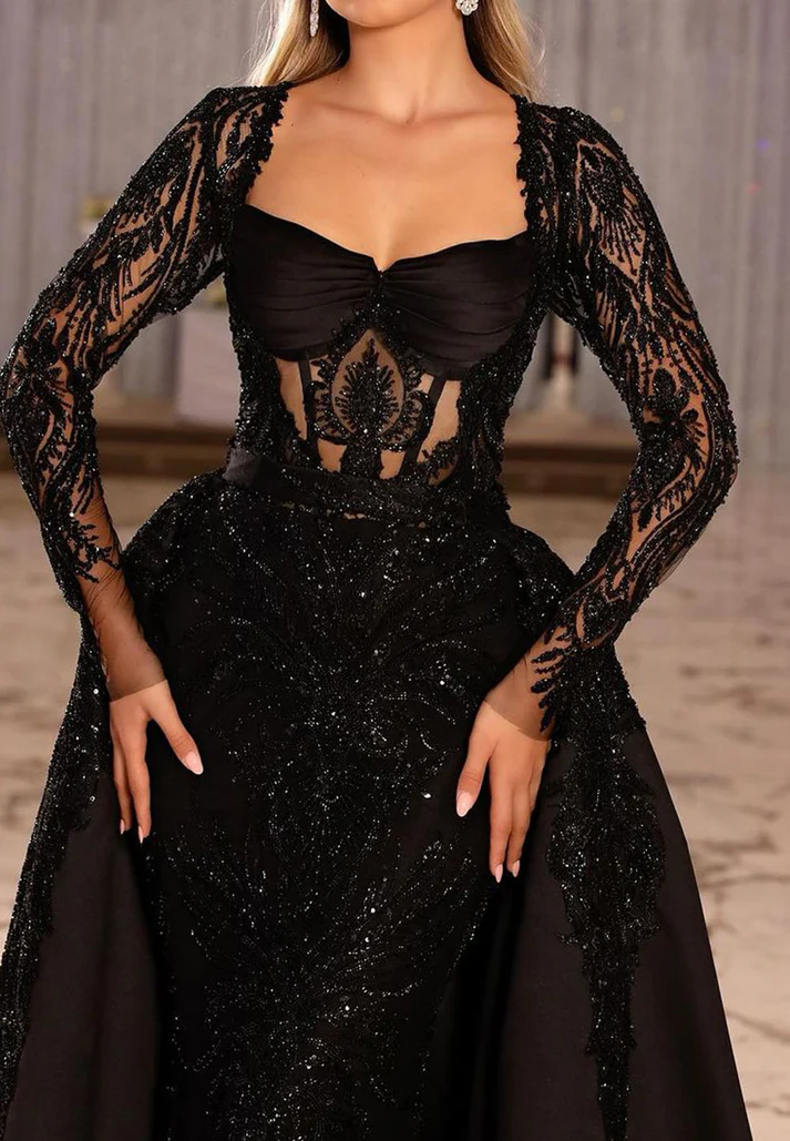 Sweetheart Long Sleeves Lace Appliques Sequins Mermaid Prom Dress