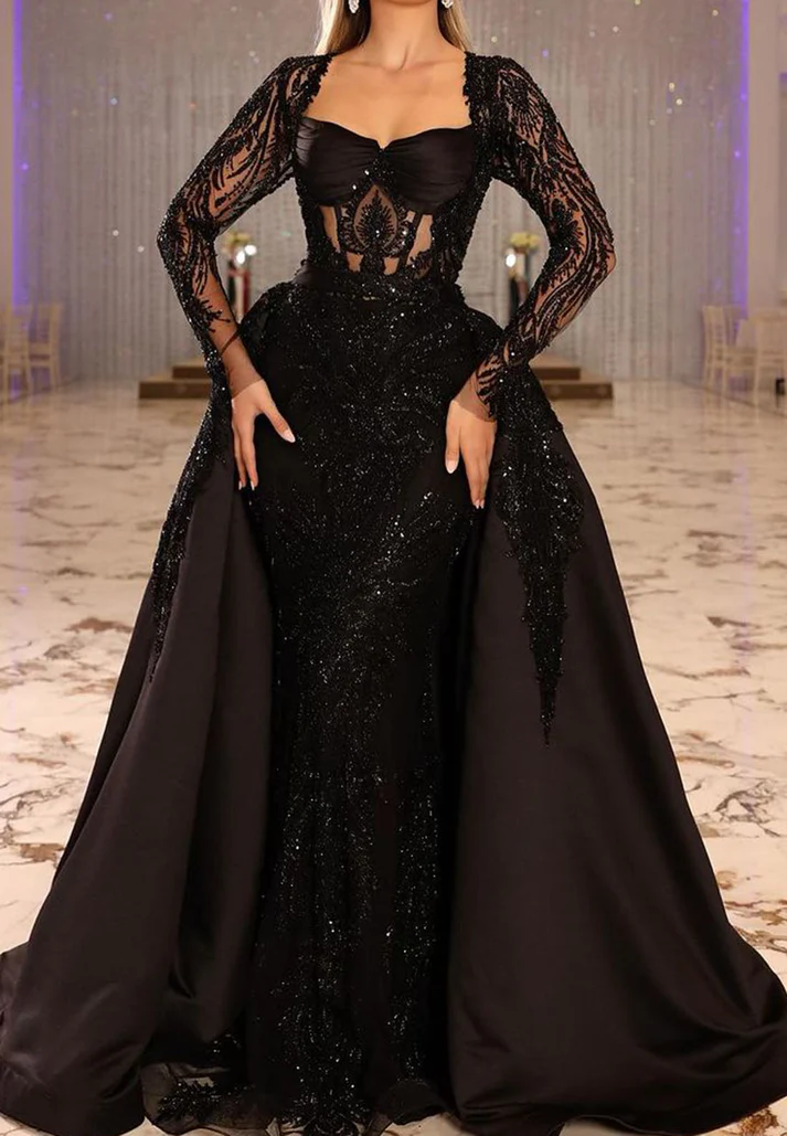Sweetheart Long Sleeves Lace Appliques Sequins Mermaid Prom Dress