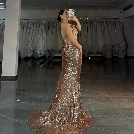 Sweetheart Sequin Beaded Mermaid Prom Dresses Long Evening Gowns with Slit