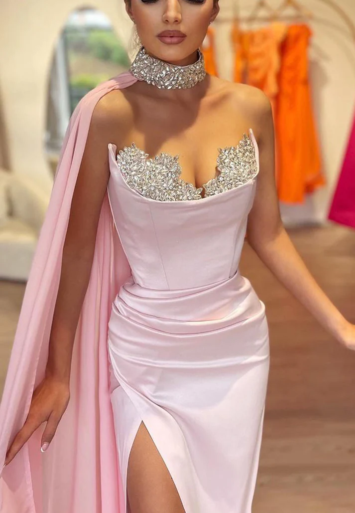 Sweetheart Sleeveless Beaded Pleated Side Slit Prom Dress