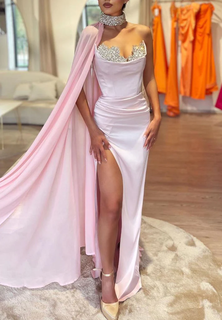 Sweetheart Sleeveless Beaded Pleated Side Slit Prom Dress