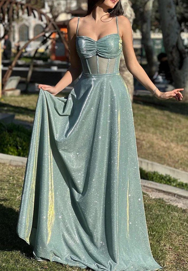 Sweetheart Spaghetti Straps Pleated Sparkly A-Line Prom Dress