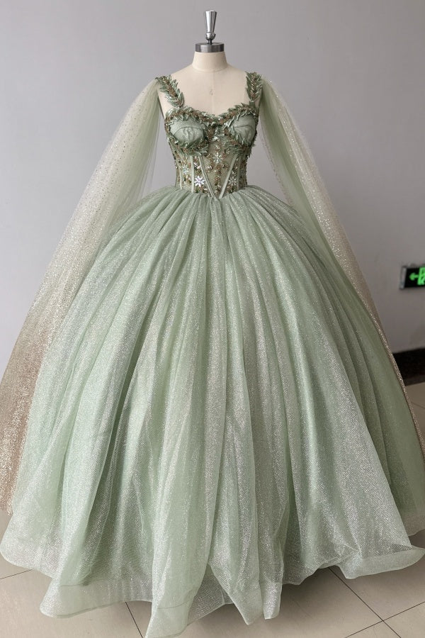 Sweetheart Straps Sleeveless Beaded Appliques Green Sweet 16 Quinceanera Dress