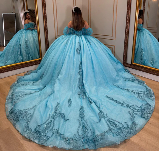 Sweetheart Tulle Lace Beaded Princess Quinceanera Dresses with Detachable Sleeves