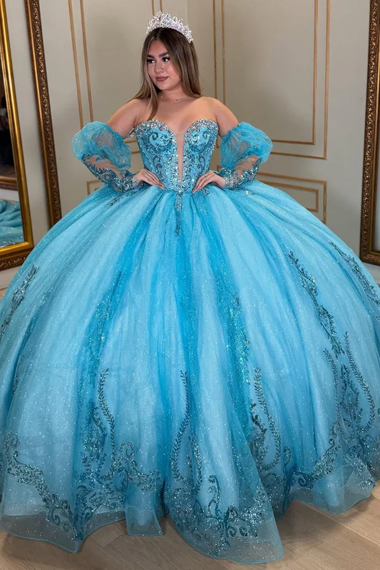 Sweetheart Tulle Lace Beaded Princess Quinceanera Dresses with Detachable Sleeves