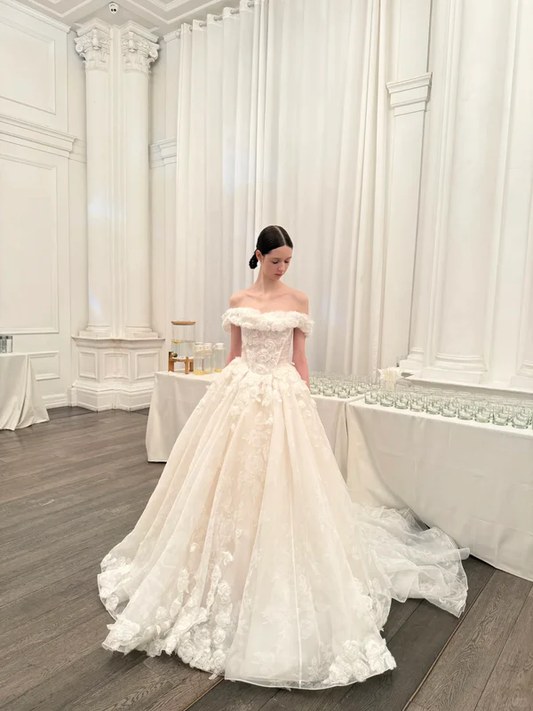 Sweety Ball Gown Off the Shoulder White 3D Floral Tulle Wedding Dress