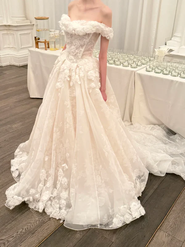 Sweety Ball Gown Off the Shoulder White 3D Floral Tulle Wedding Dress