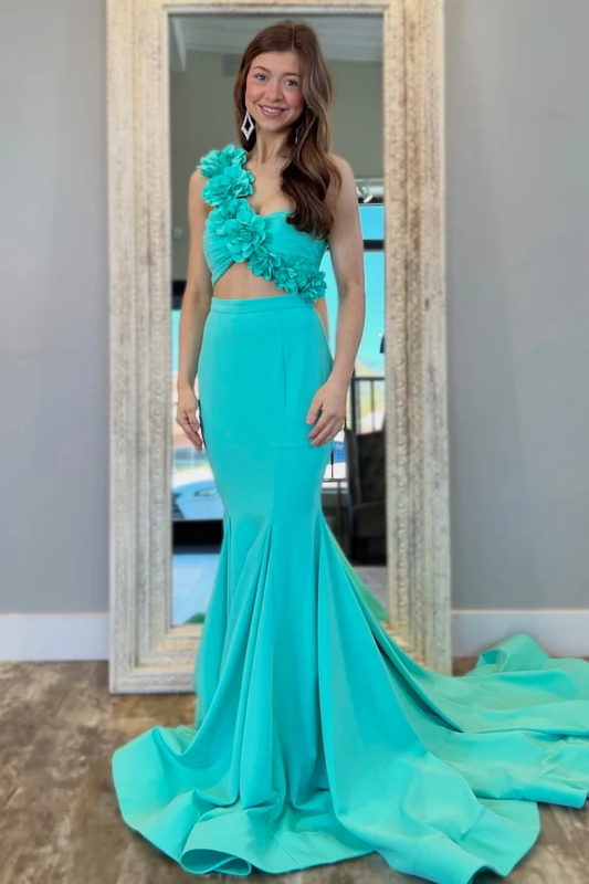 Two Piece Mermaid One Shoulder Sleeveless 3D Flowers Pleated Floor Length Prom Party Dress Evening Formal Gown