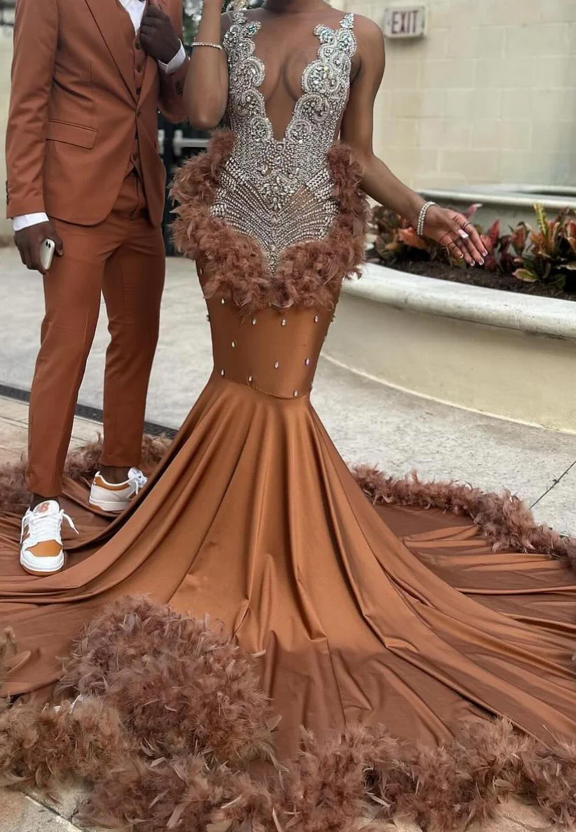 V-Neck Beaded Feathered Pleated Mermaid Prom Dress for Black Girls