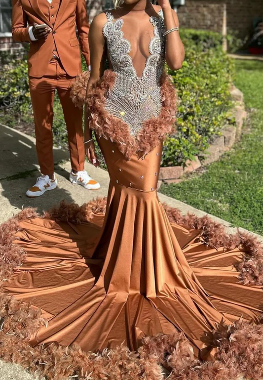 V-Neck Beaded Feathered Pleated Mermaid Prom Dress for Black Girls