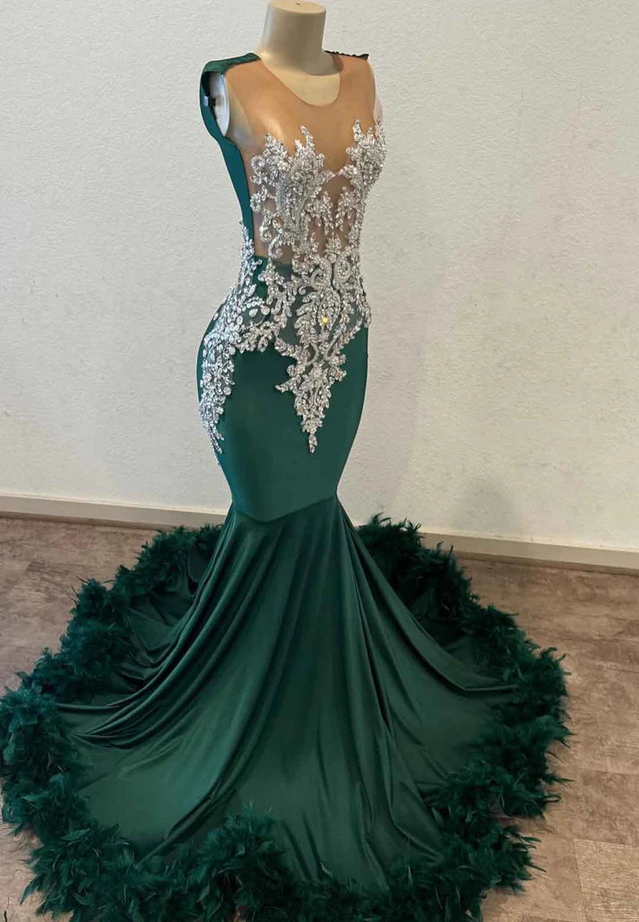 V-Neck Beaded Pleated Feathered Sparkly Prom Dress for Black Girls