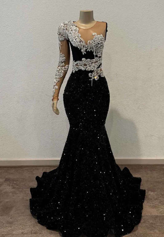 V-Neck Long Sleeves Beaded Sequins Sparkly Mermaid Prom Dress for Black Girls