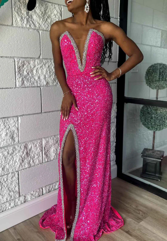 V-Neck Sleeve Side Slit Beaded Sequins Sheath Prom Dress