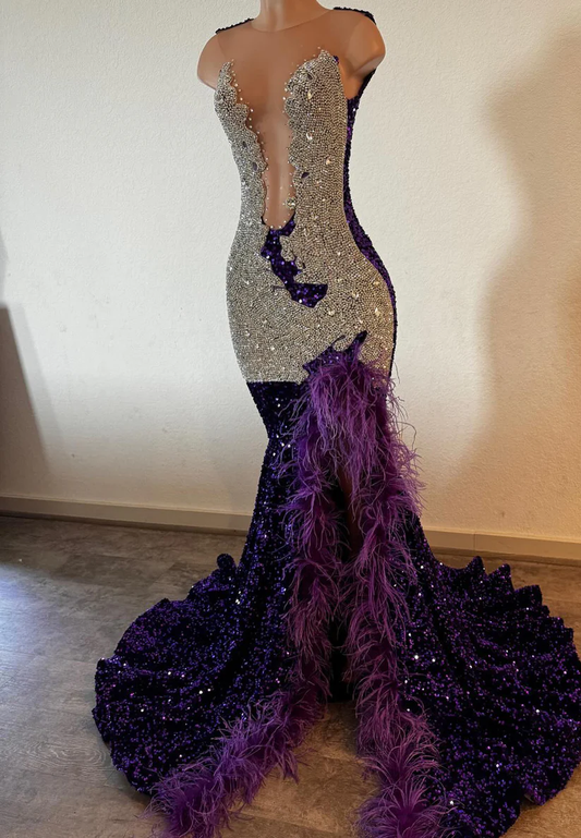 V-Neck Sleeveless Beaded Feathered Sequins Mermaid Prom Dress for Black Girls