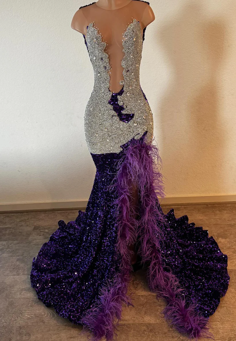 V-Neck Sleeveless Beaded Feathered Sequins Mermaid Prom Dress for Black Girls