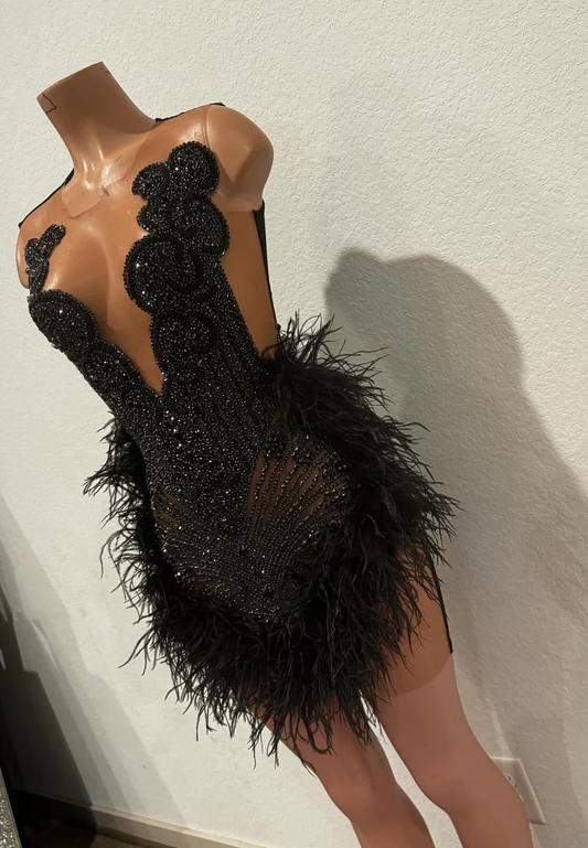 V-Neck Sleeveless Beaded Feathered Sparkly Short Prom Dress for Black Girls