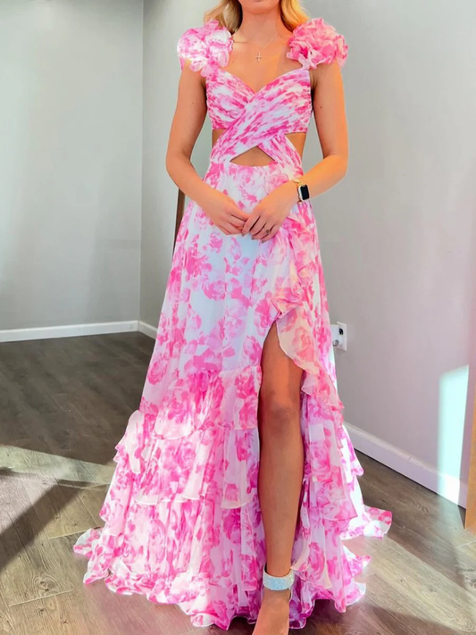 V Neck A-line Floral Printed Chiffon Slit Prom Dress
